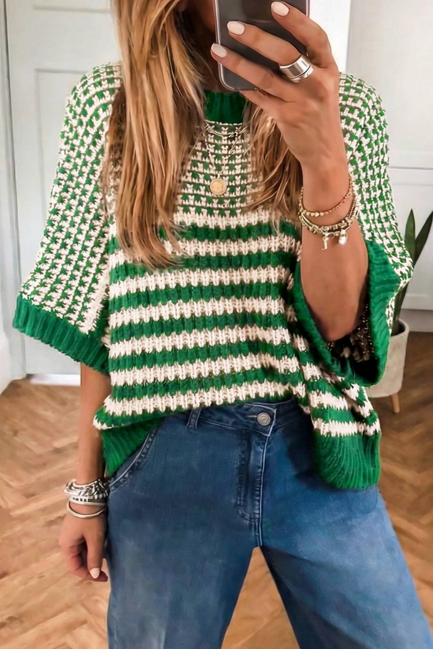 Stripe 3/4 Draped Sleeve Slouchy Sweater