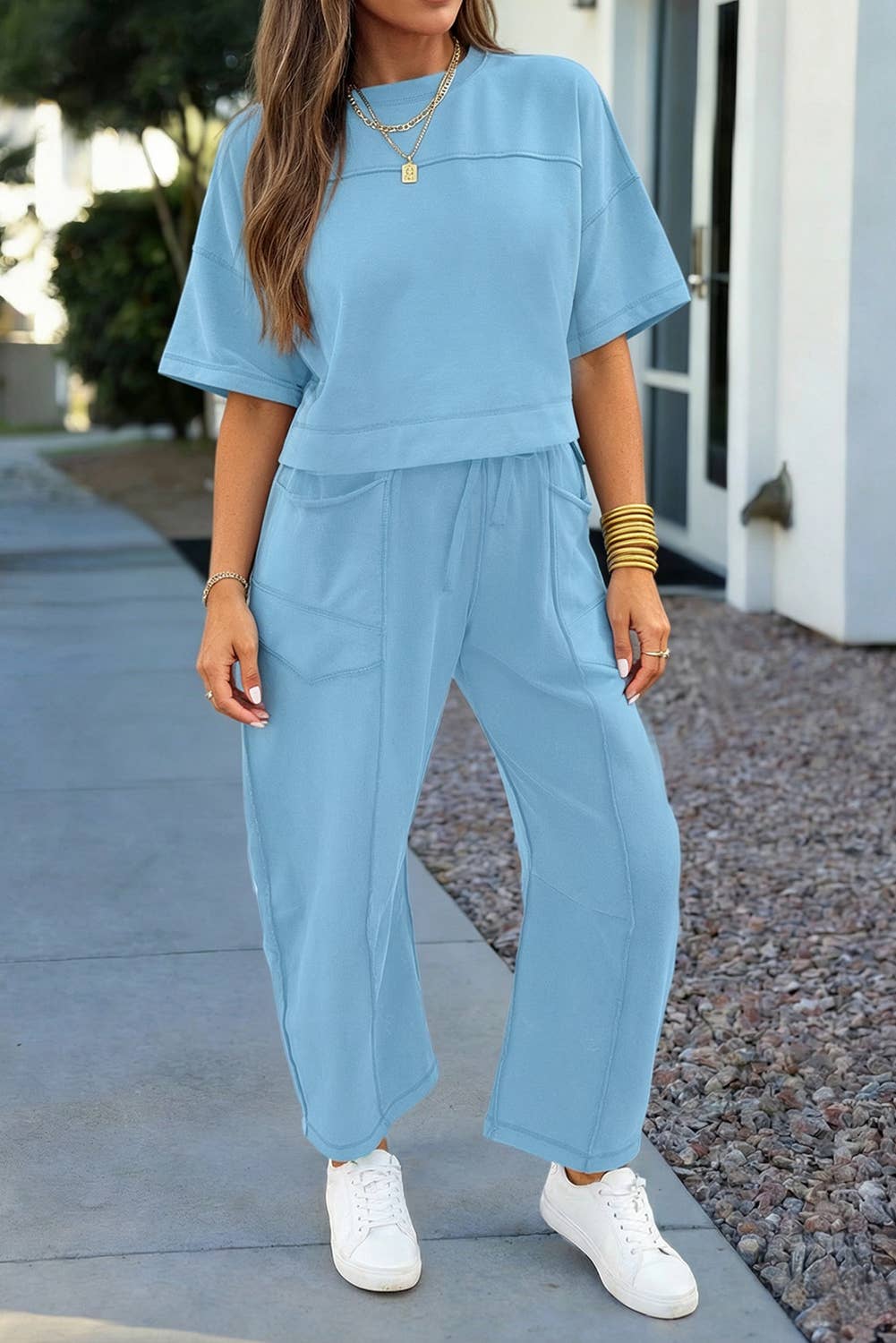 Solid Drop Shoulder Boxy Tee and Barrel Pants Set